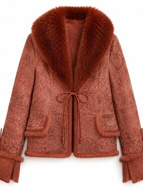 💗 Japanese Vintage Blood Orange Fur Leather Jacket | Rare Y2K Statement Coat